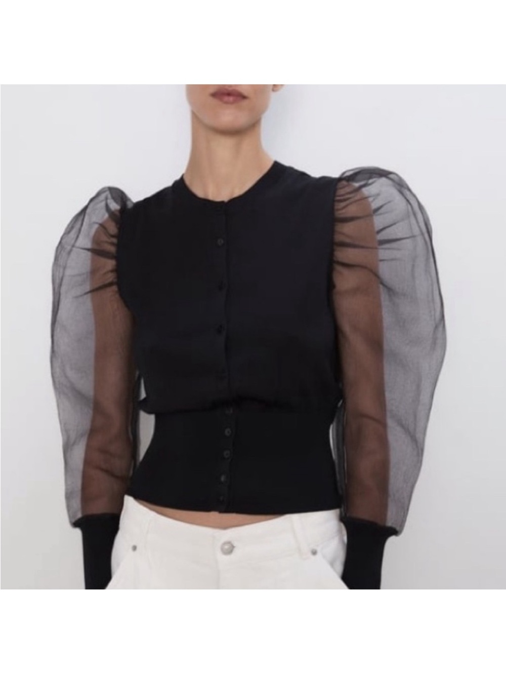 Black Sheer Puff-Sleeve Button-Up Blouse